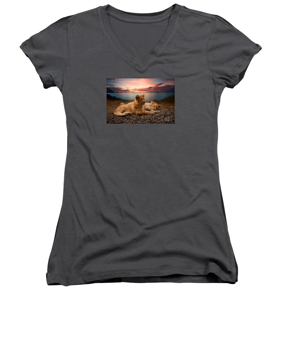 Lion Women's V-Neck featuring the photograph Two by Christine Sponchia