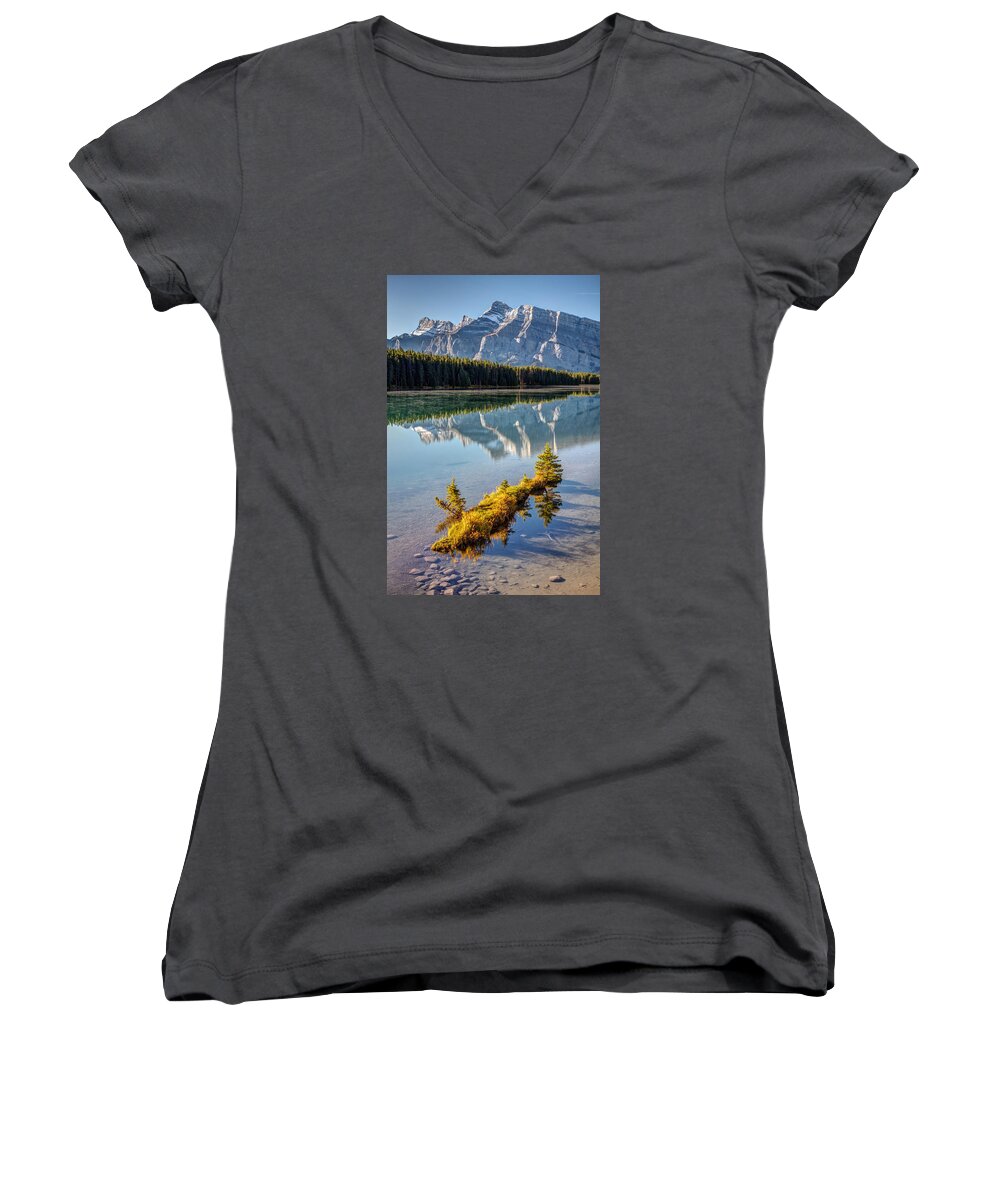 Two Jack Lake Women's V-Neck featuring the photograph Two Jack Lake Island by Pierre Leclerc Photography