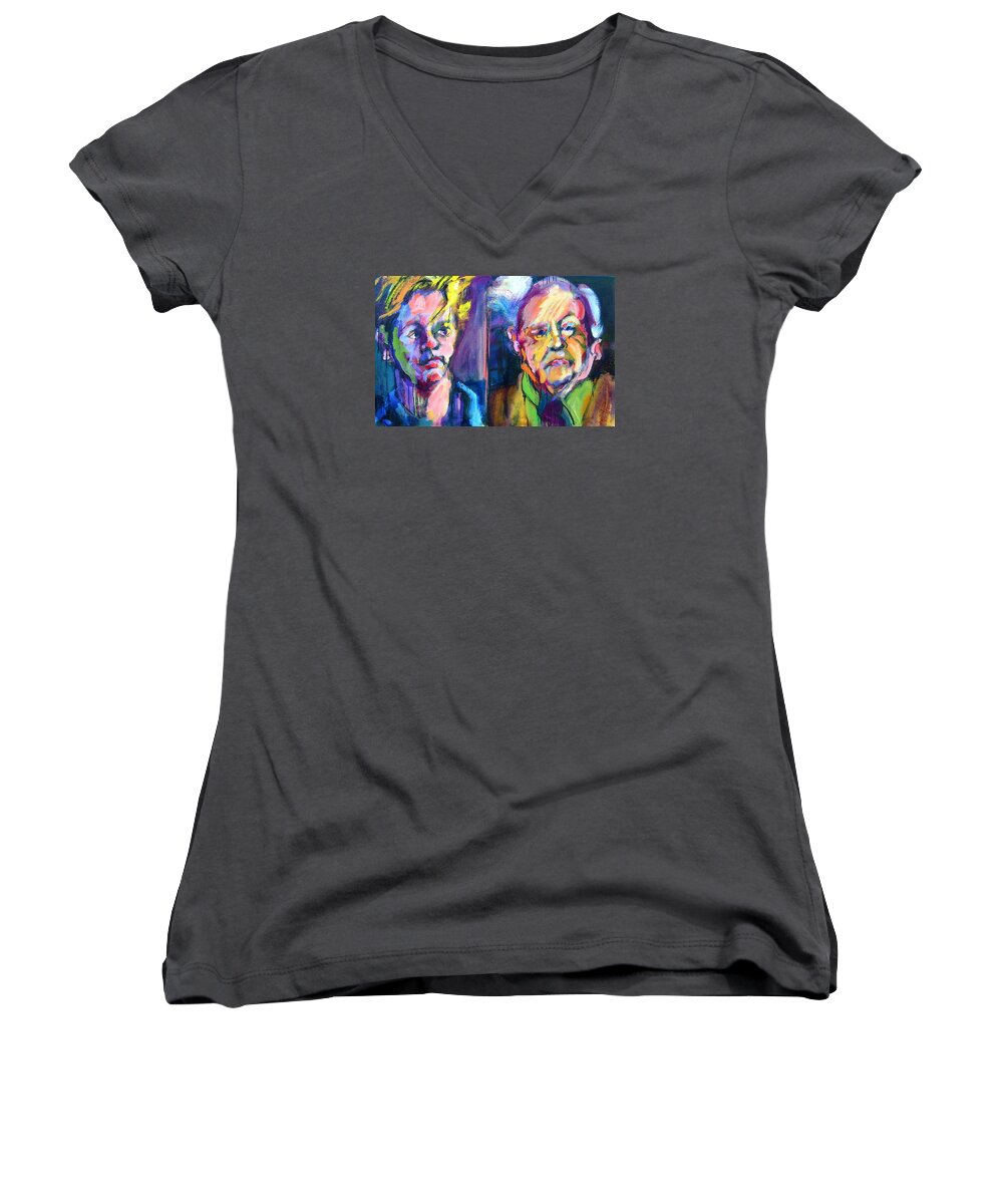 Mickey Rooney Women's V-Neck featuring the painting Two Rooneys by Les Leffingwell