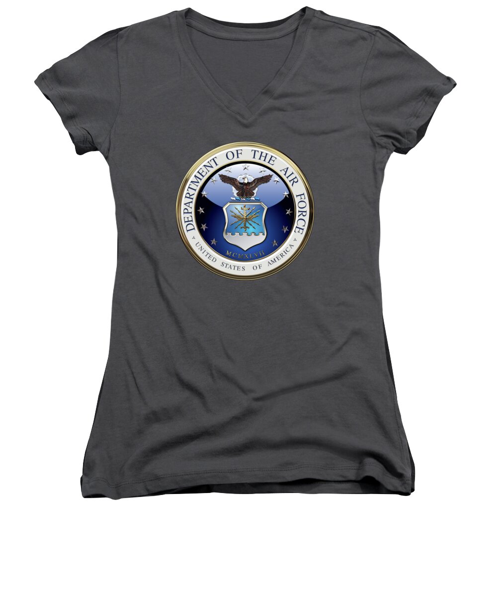 'military Insignia 3d' By Serge Averbukh Women's V-Neck featuring the digital art U. S. Air Force - U S A F Emblem over Red Velvet by Serge Averbukh