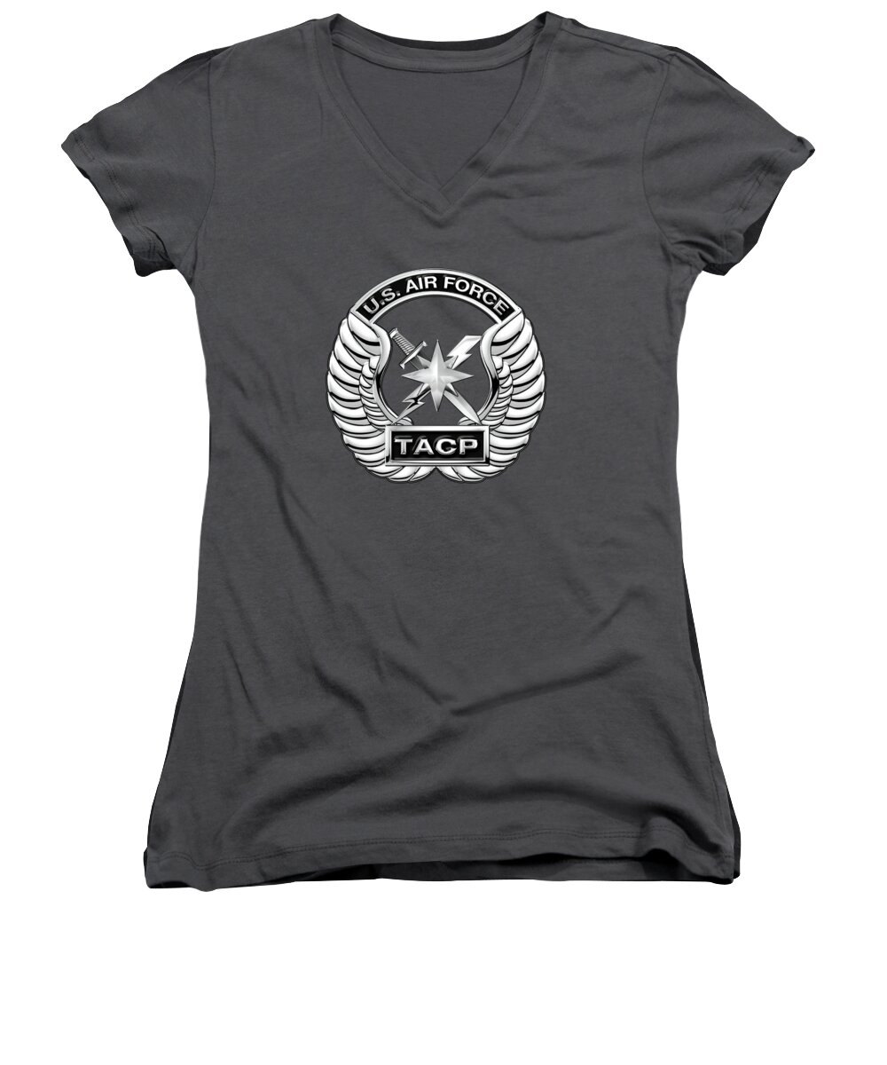 'military Insignia & Heraldry' Collection By Serge Averbukh Women's V-Neck featuring the digital art U. S. Air Force Tactical Air Control Party - T A C P Badge over Blue Velvet by Serge Averbukh