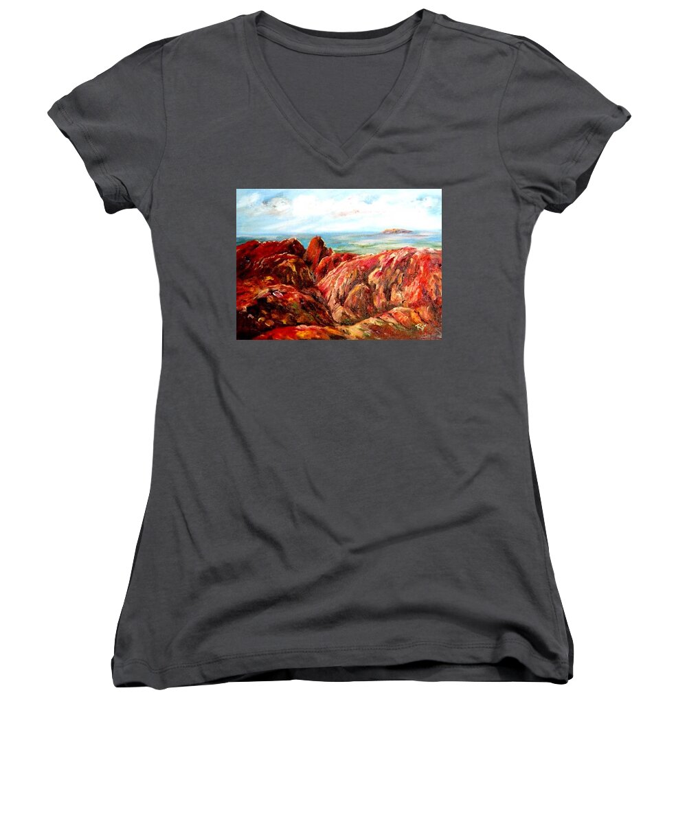 Uluru Women's V-Neck featuring the painting Uluru viewed from Kata Tjuta by Ryn Shell