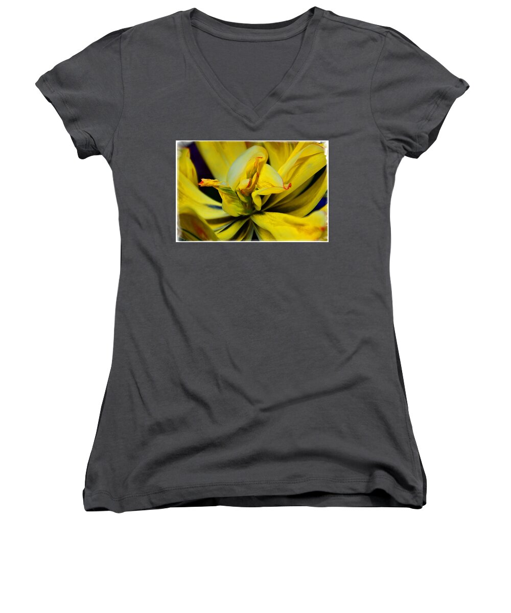 Flora Women's V-Neck featuring the photograph Unusual Twisted Tulip by Mike Martin