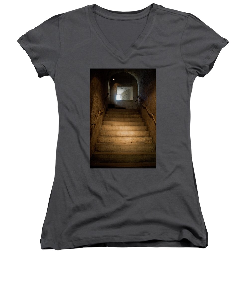  Women's V-Neck featuring the photograph Up The Ancient Stairs by Lorraine Devon Wilke