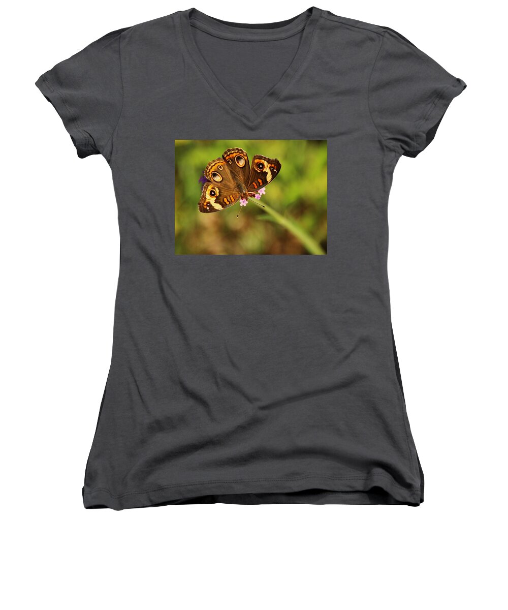 Buckeye Women's V-Neck featuring the photograph Upside Down Buckeye by Chris Berry