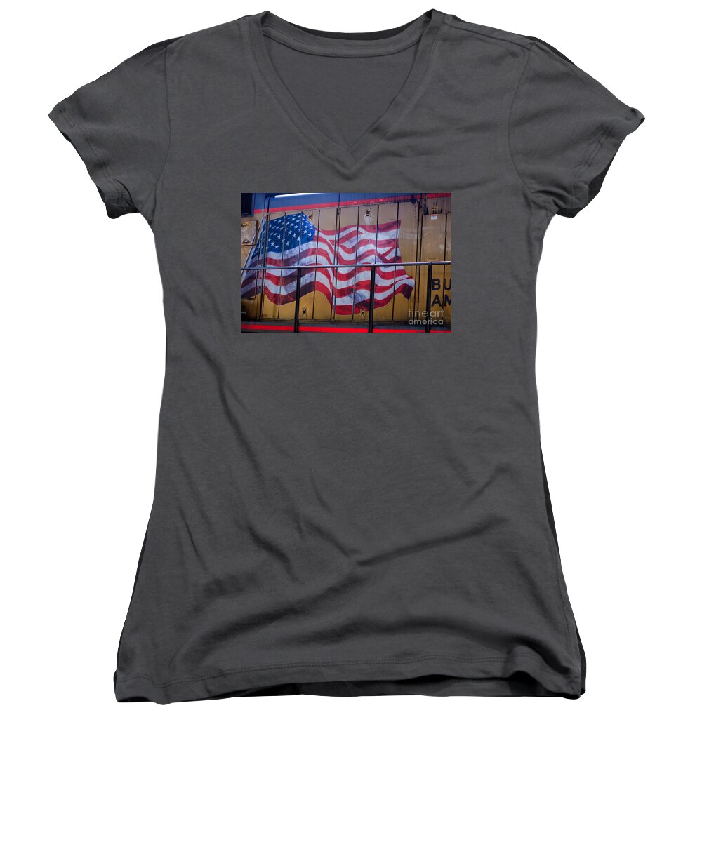 Flag Women's V-Neck featuring the photograph US Flag on Side of Freight Engine by Thomas Marchessault