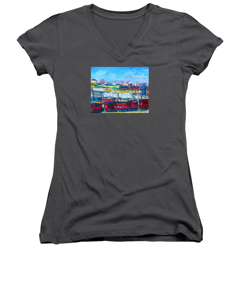 Trains Women's V-Neck featuring the painting Valley Yard by Les Leffingwell
