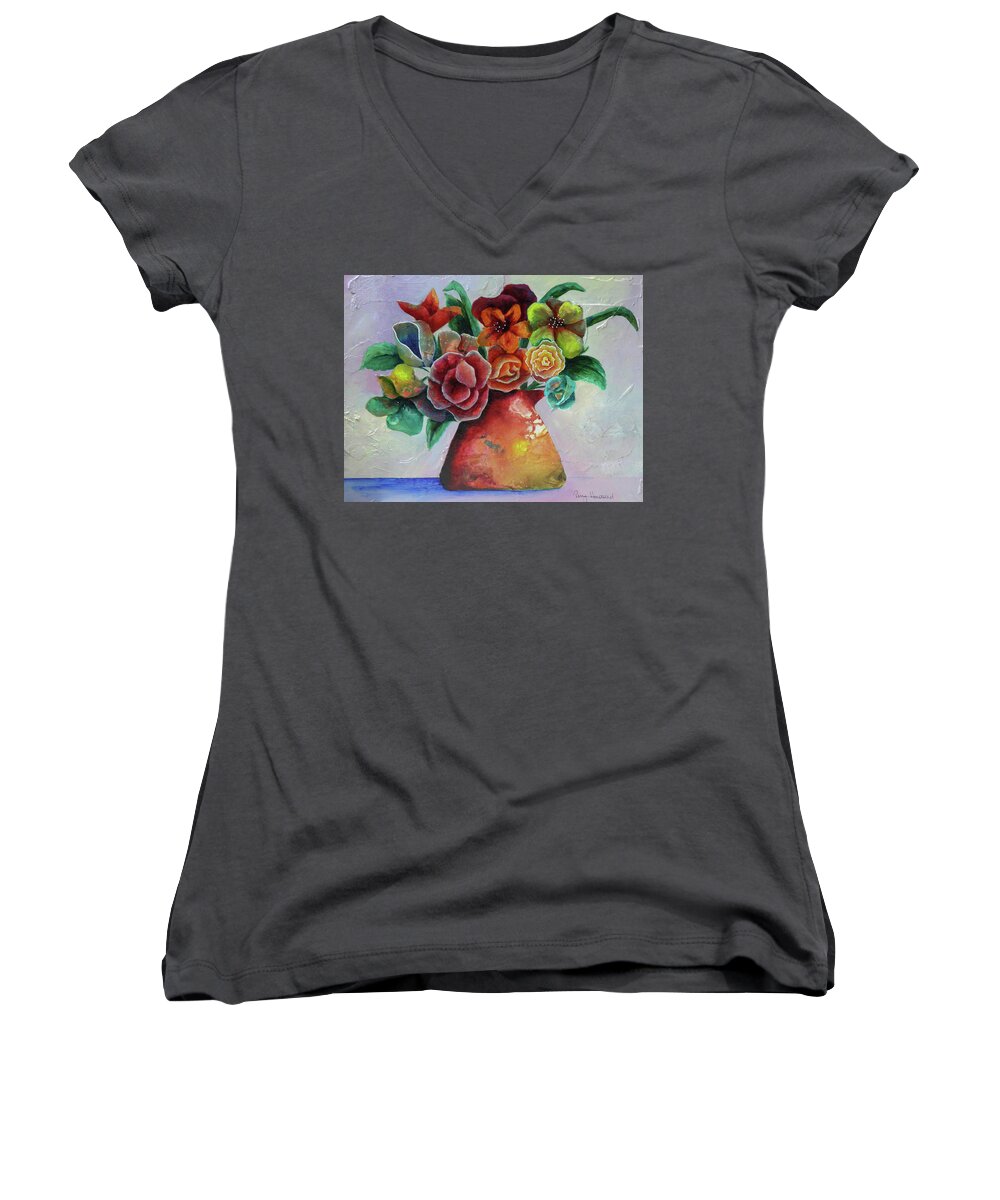Flowers Women's V-Neck featuring the painting Vase Full of Peace and Delight by Terry Honstead