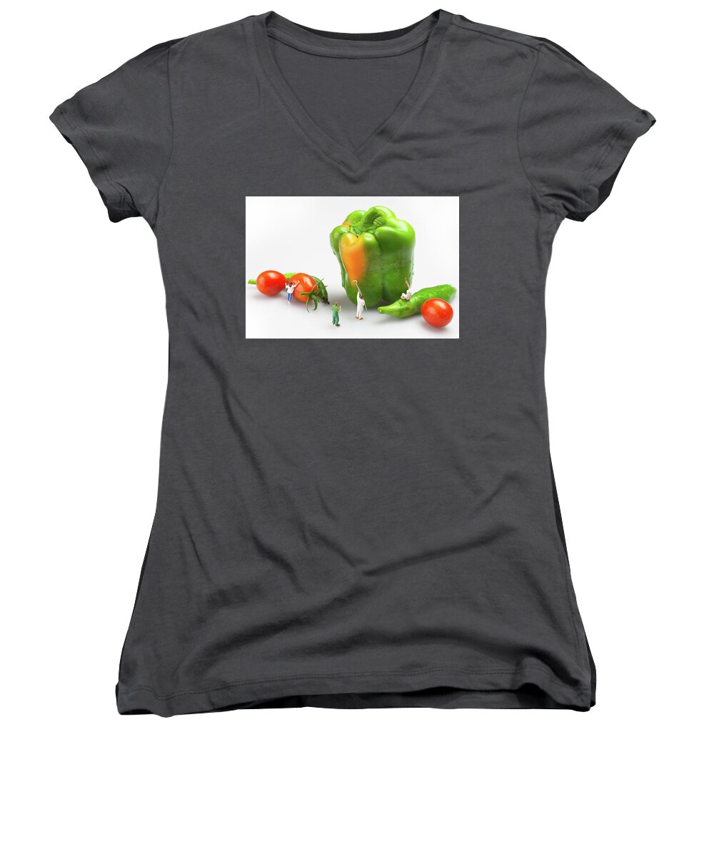 Paint Women's V-Neck featuring the painting Vegetable painting Little People On Food by Paul Ge