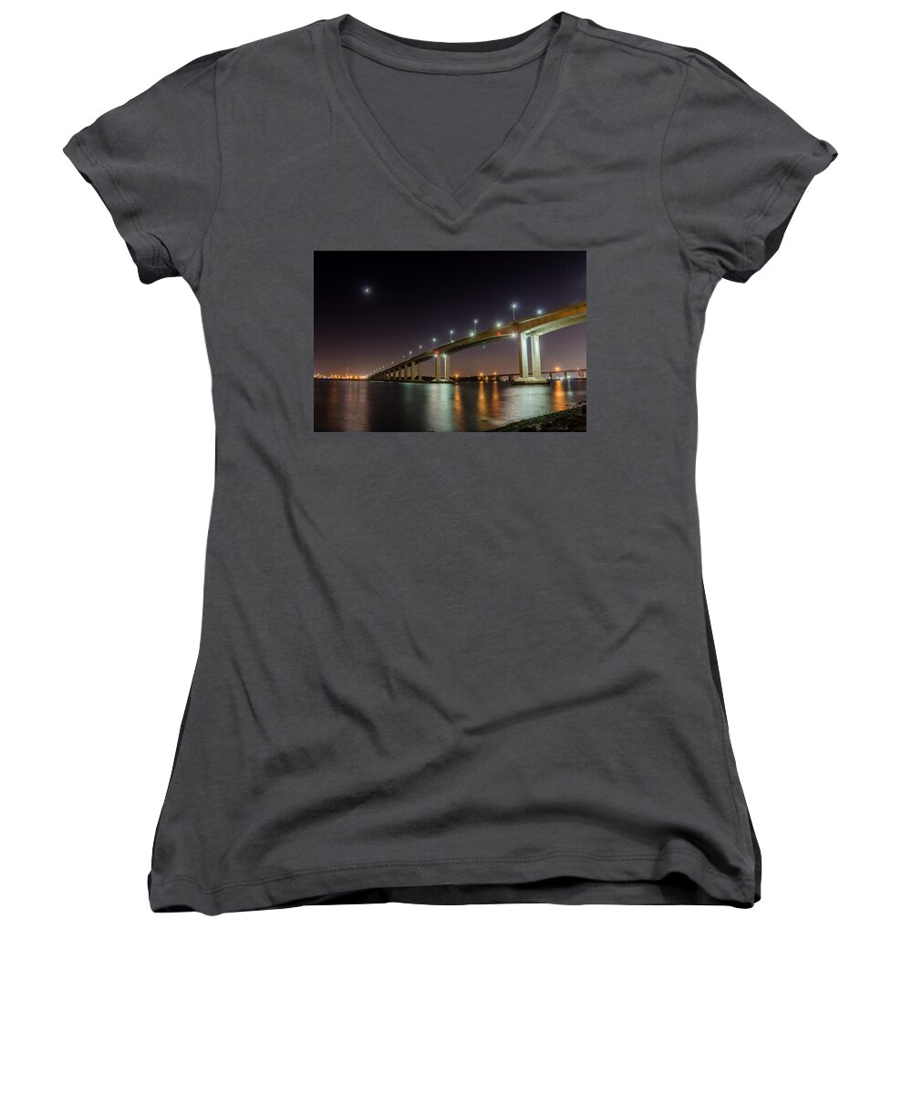 Middlesex County Women's V-Neck featuring the photograph Victory Bridge at night by SAURAVphoto Online Store