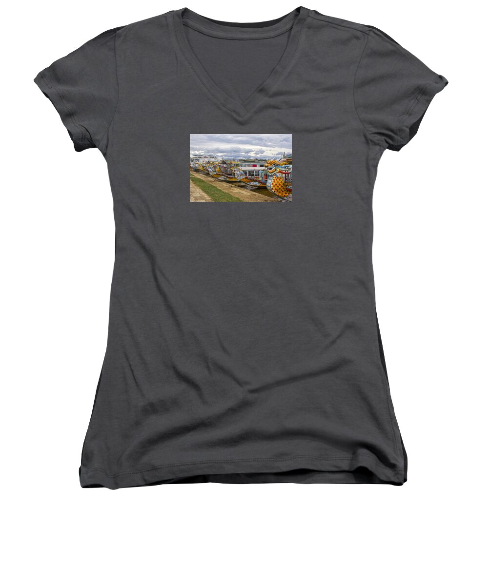 Travel Women's V-Neck featuring the photograph Vietnamese Dragon Boats by Venetia Featherstone-Witty