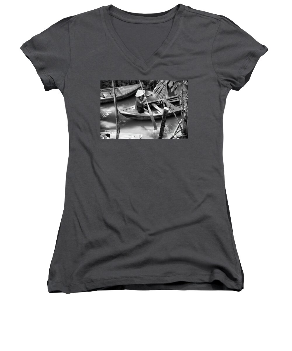 Vietnam Women's V-Neck featuring the photograph Vietnamese Woman Boat Ores Really for Tourist Mekong Delta by Chuck Kuhn