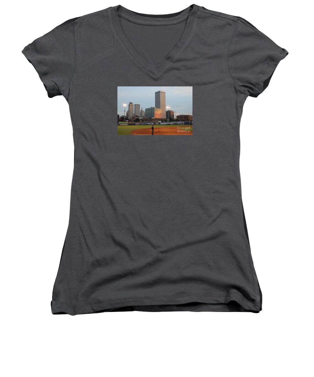 Tulsa Women's V-Neck featuring the photograph View from 3rd Base 2 by Sheri Simmons