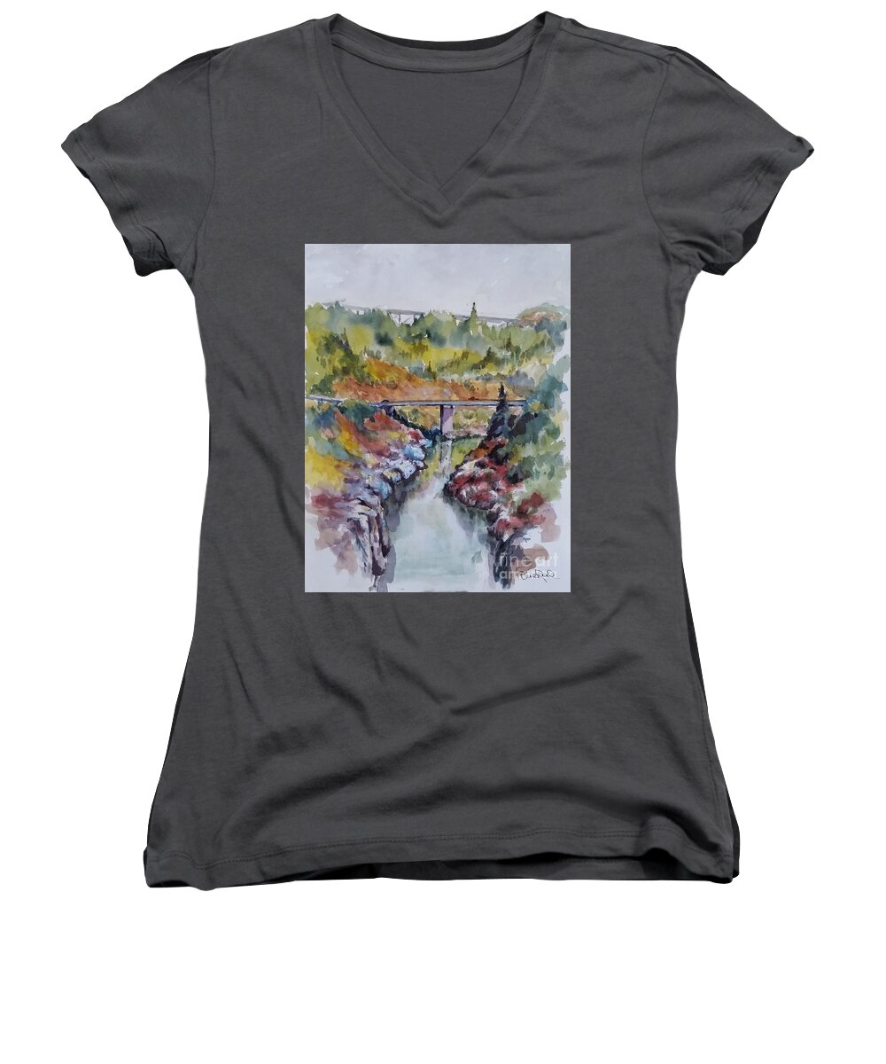 Landscape Women's V-Neck featuring the painting View From No Hands Bridge by William Reed