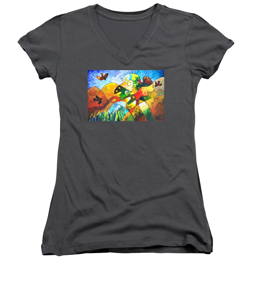 Tree Women's V-Neck featuring the painting View from Valley Road by Sally Trace