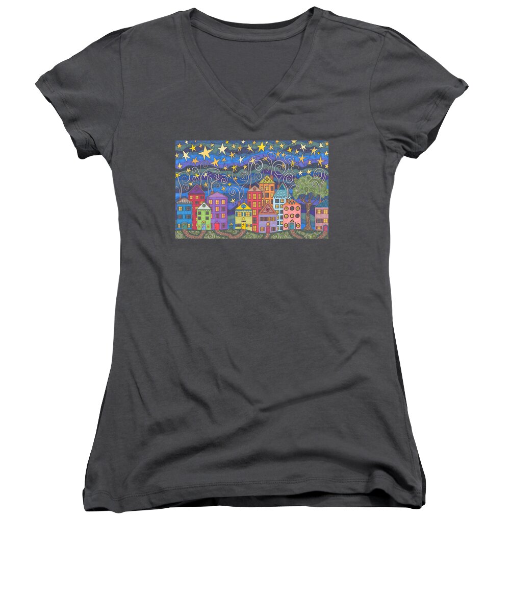 Village Women's V-Neck featuring the drawing Village Lights by Pamela Schiermeyer