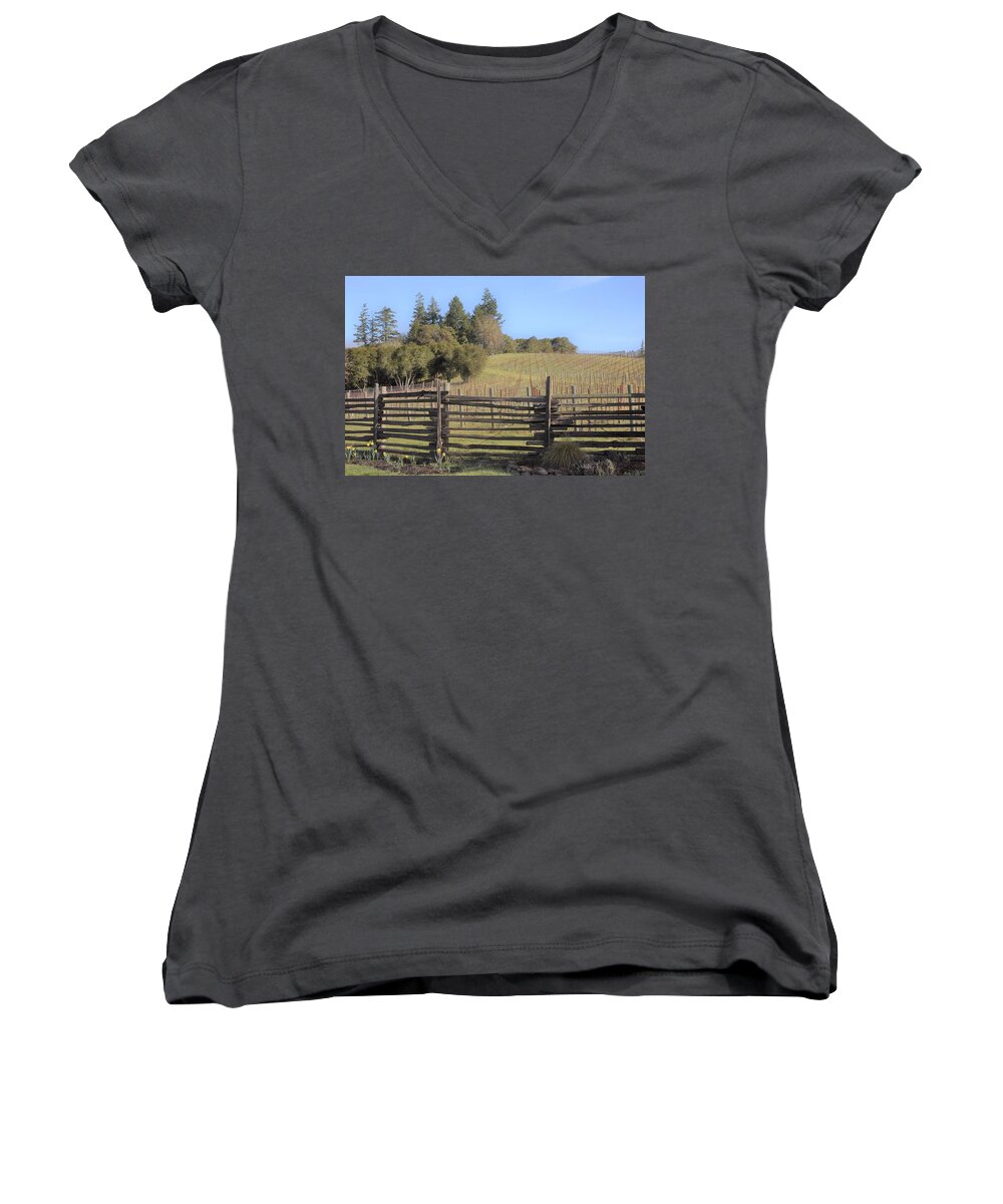 Anderson Valley Women's V-Neck featuring the photograph Vineyard in the Spring by Lisa Dunn