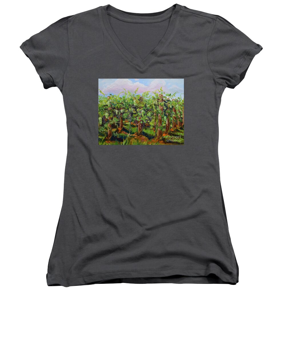 Plein Air Painting Women's V-Neck featuring the painting Vineyard of Chateau Meichtry - Ellijay GA - Plein Air Painting by Jan Dappen