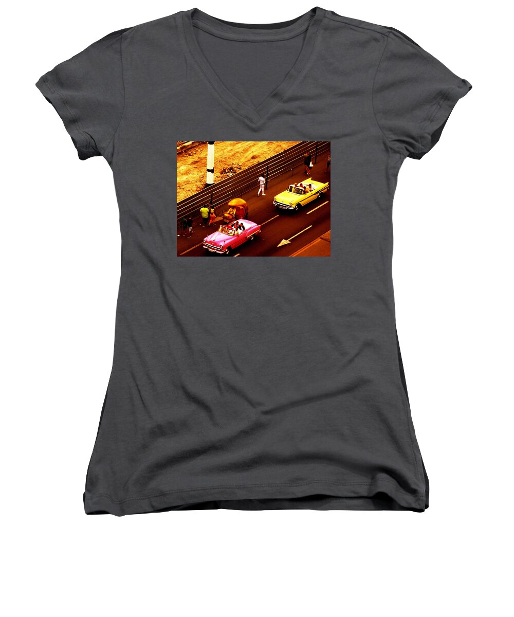 Havana Women's V-Neck featuring the photograph Vintage American Cars in Havana by Funkpix Photo Hunter