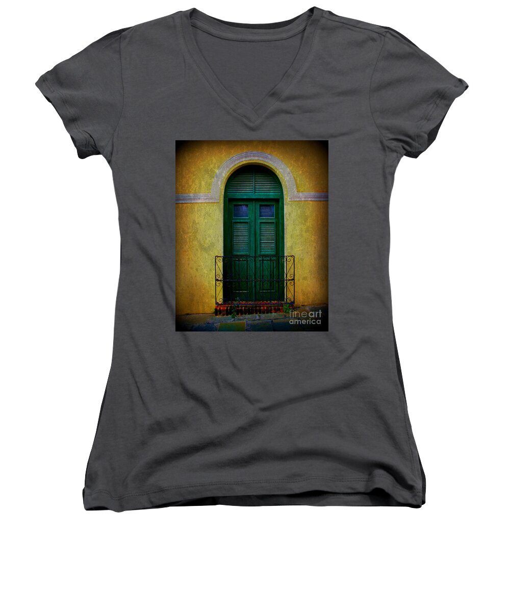 Door Women's V-Neck featuring the photograph Vintage Arched Door by Perry Webster