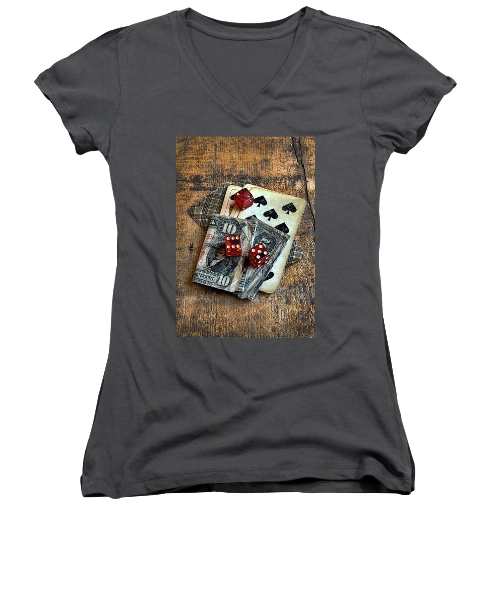 Cards Women's V-Neck featuring the photograph Vintage Cards Dice and Cash by Jill Battaglia