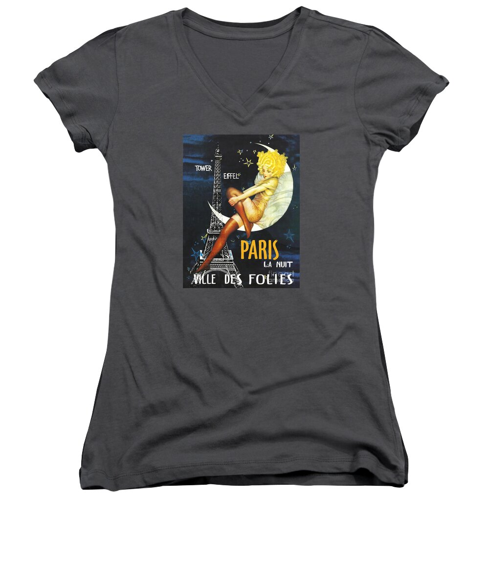 Romance In Paris Women's V-Neck featuring the painting Vintage Paris Moon by Mindy Sommers