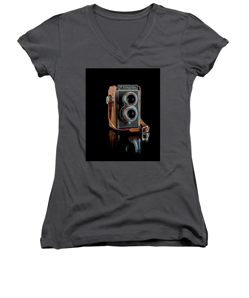 Camera Women's V-Neck featuring the photograph Vintage Ricohflex camera by Adam Reinhart