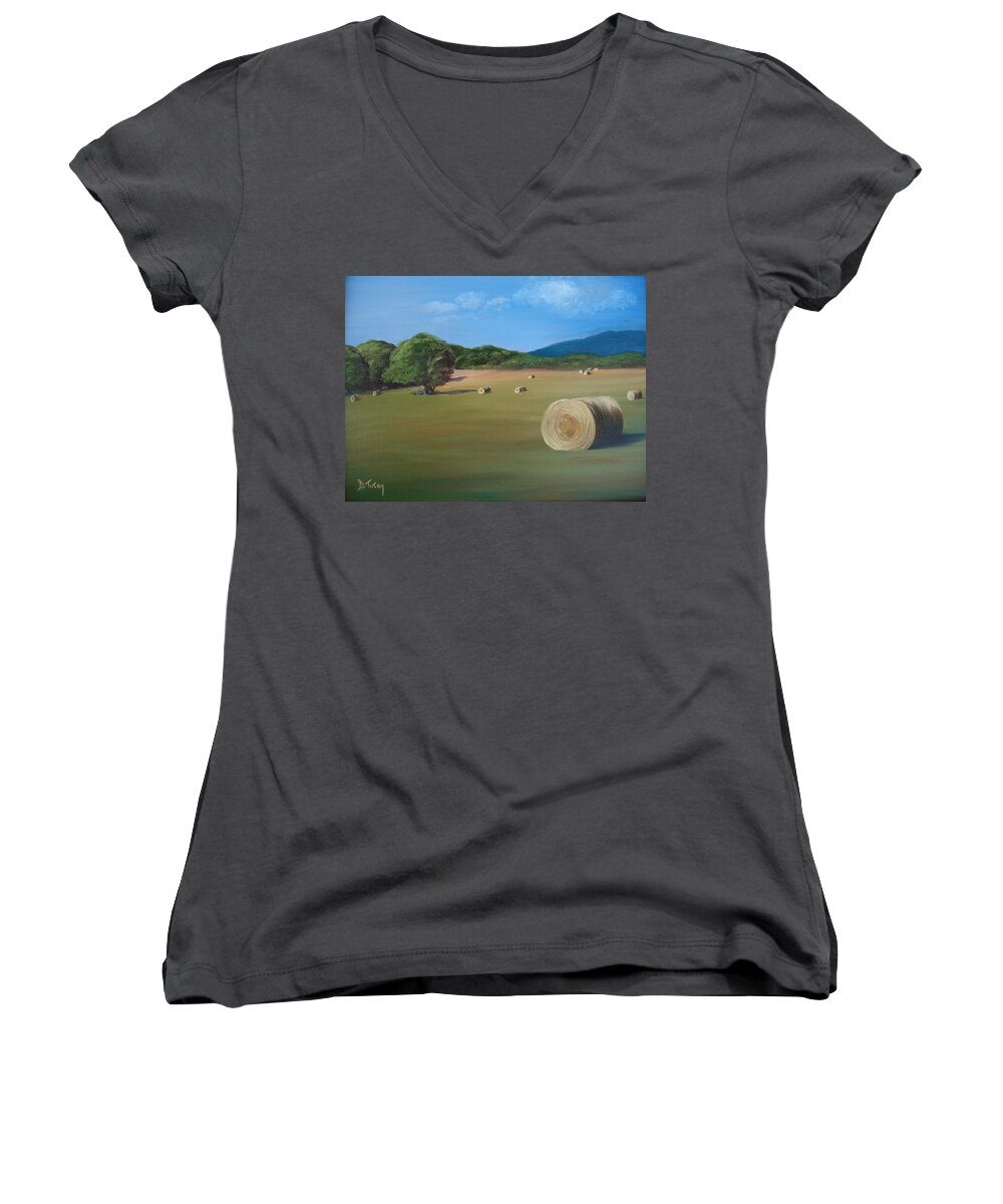 Hay Women's V-Neck featuring the painting Virginia Hay Bales by Donna Tuten