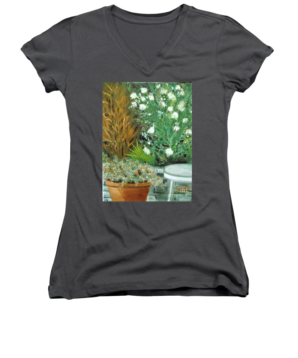Plein Air Women's V-Neck featuring the painting Virginia's Garden by Laurie Morgan
