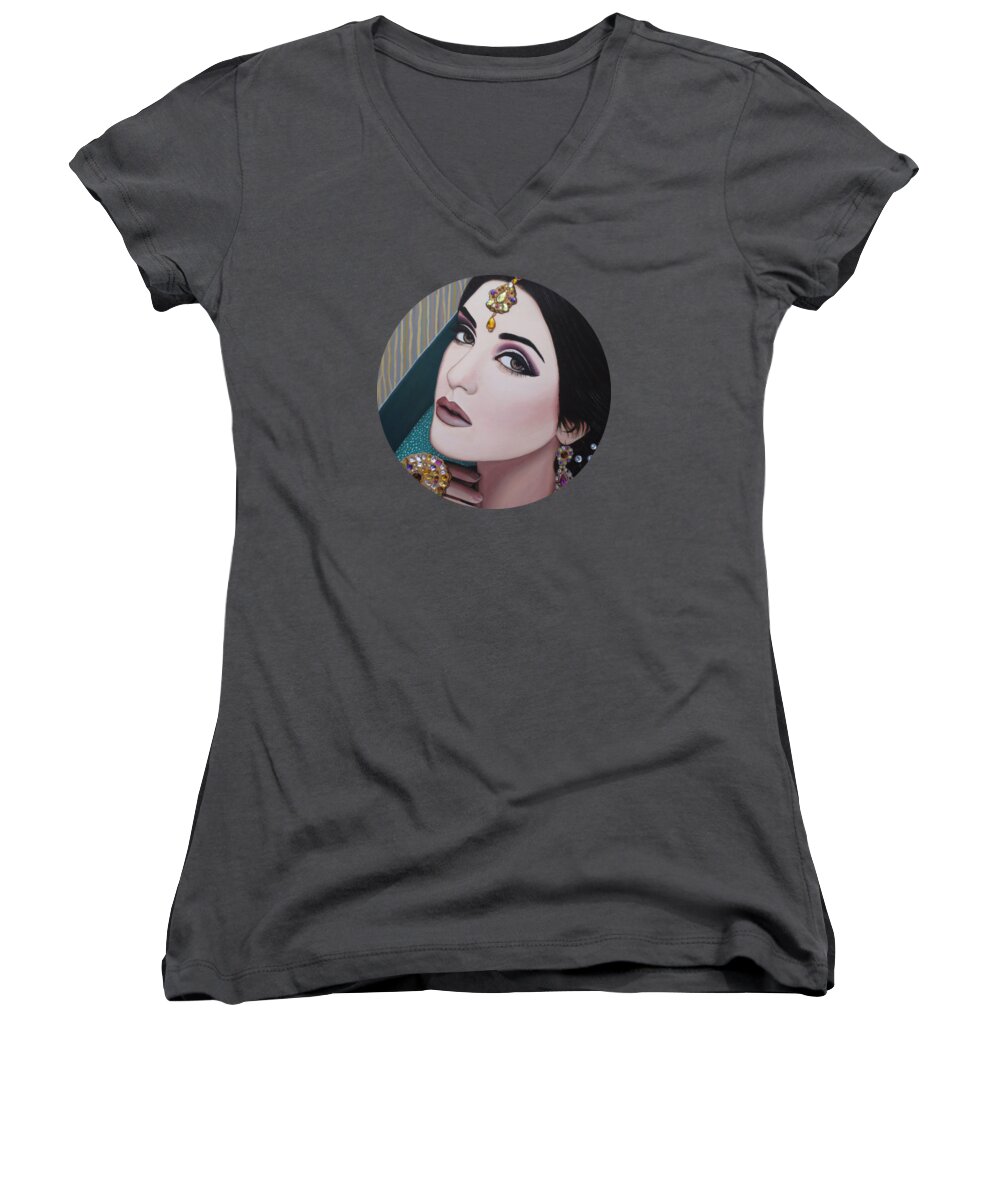 Art Women's V-Neck featuring the painting Viridian Indian Beauty by Malinda Prud'homme