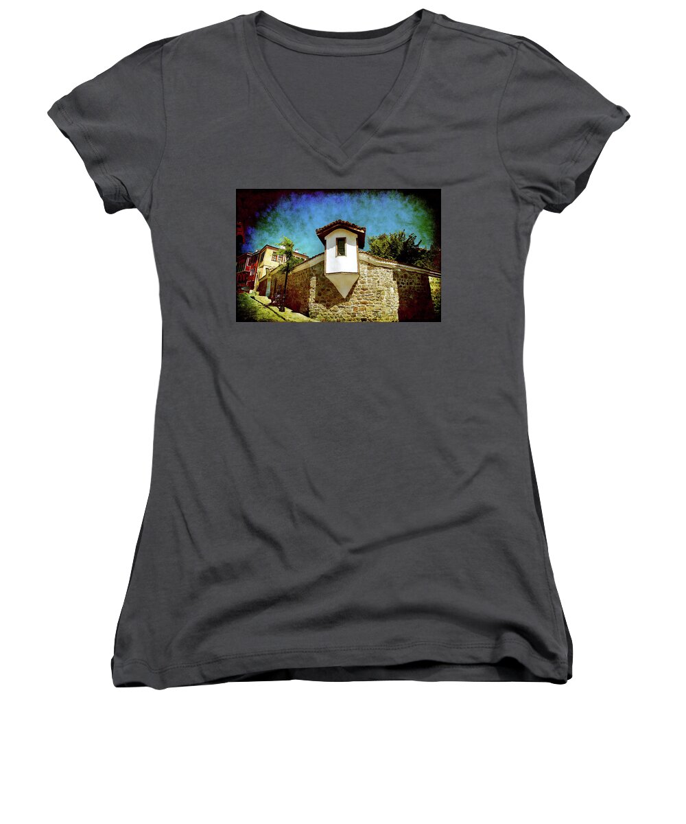 Plovdiv Women's V-Neck featuring the photograph Wall of Stone by Milena Ilieva