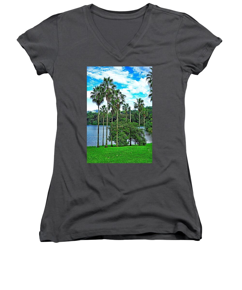 Waokele Pond Women's V-Neck featuring the photograph Waokele Pond Palms and Sky by Robert Meyers-Lussier