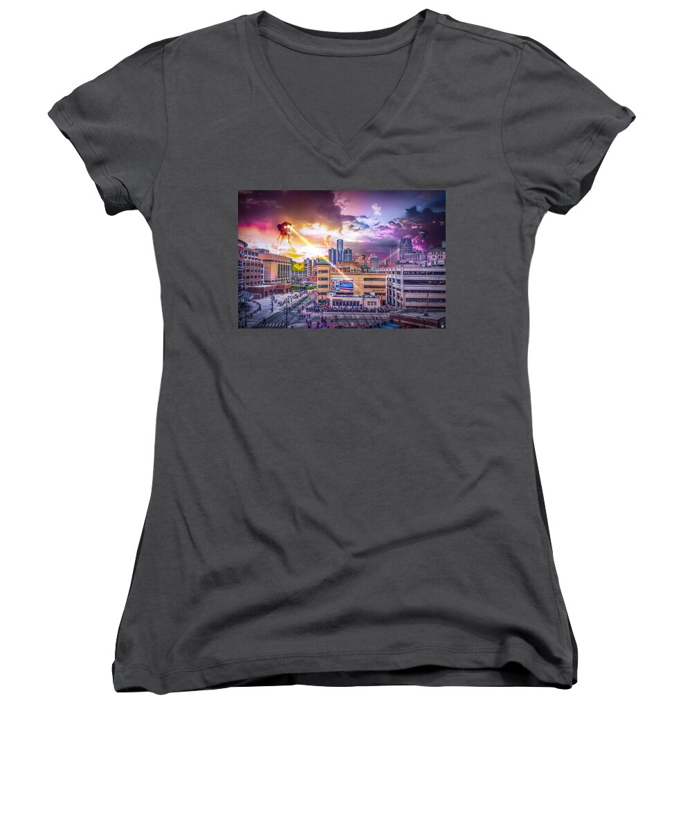 Salvador Women's V-Neck featuring the photograph War of the Worlds Detroit by Nicholas Grunas by Nicholas Grunas