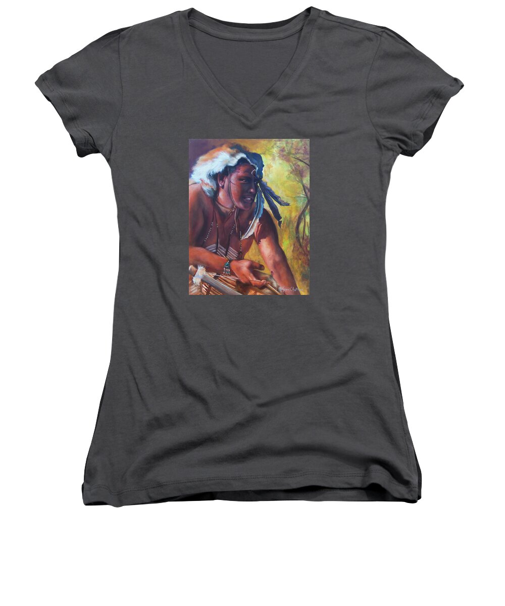 Arthur Redcloud Portrait Women's V-Neck featuring the painting Warrior Of The Gate by Karen Kennedy Chatham