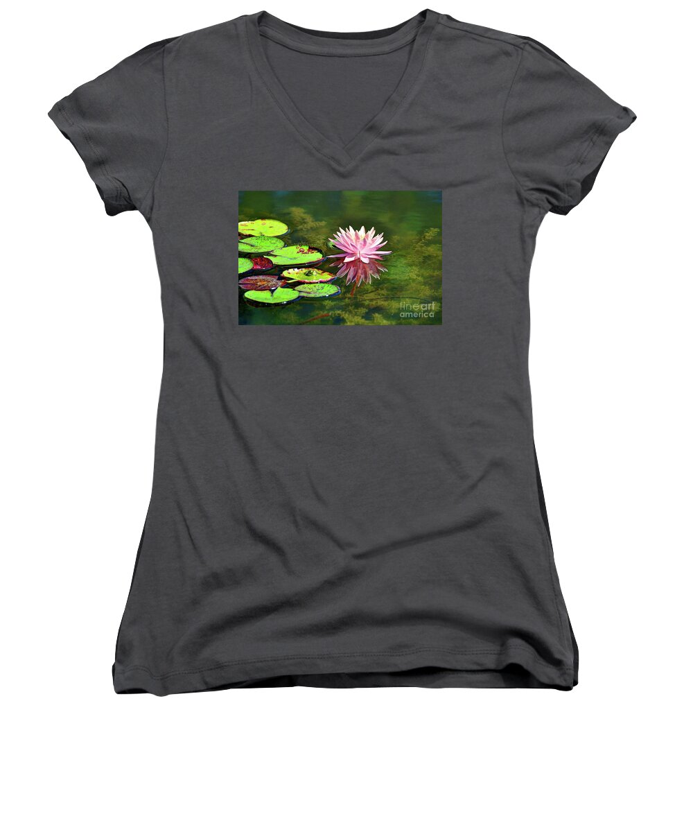  Water Lily And Frog Women's V-Neck featuring the photograph Water Lily and Frog by Savannah Gibbs