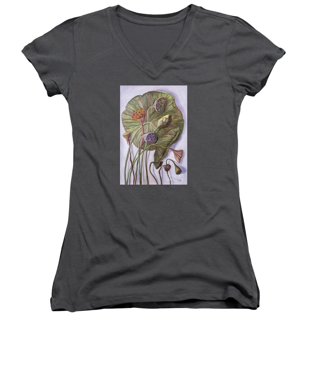 Water Lily Women's V-Neck featuring the painting Water Lily Seed Pods Framed By a Leaf by Rand Burns