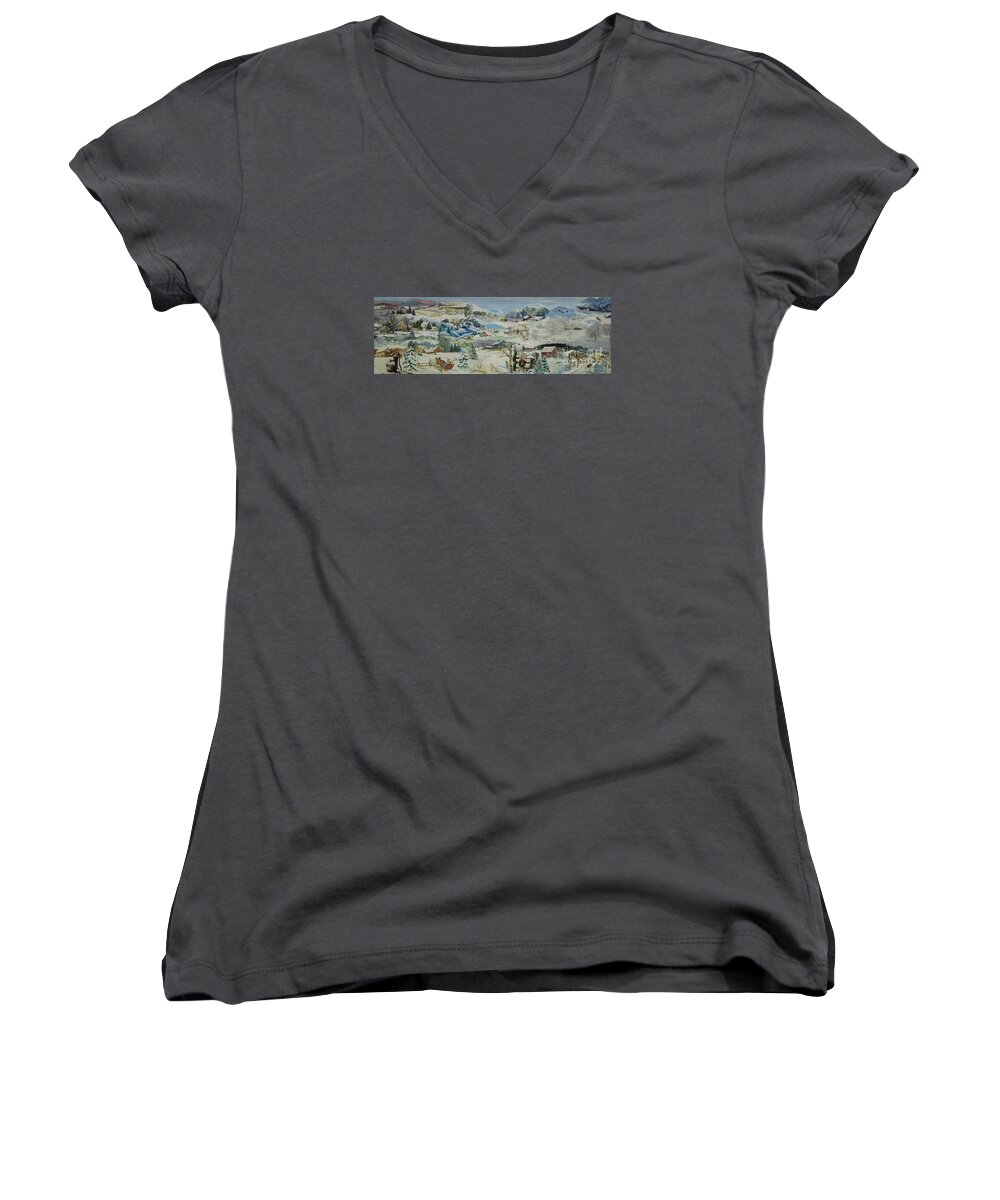 Winter Women's V-Neck featuring the mixed media Water Pump in Winter - SOLD by Judith Espinoza