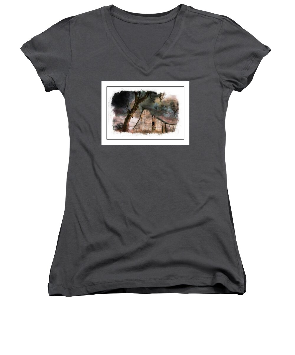 Stormy Scene Women's V-Neck featuring the photograph Watercolor Barn by Karen McKenzie McAdoo