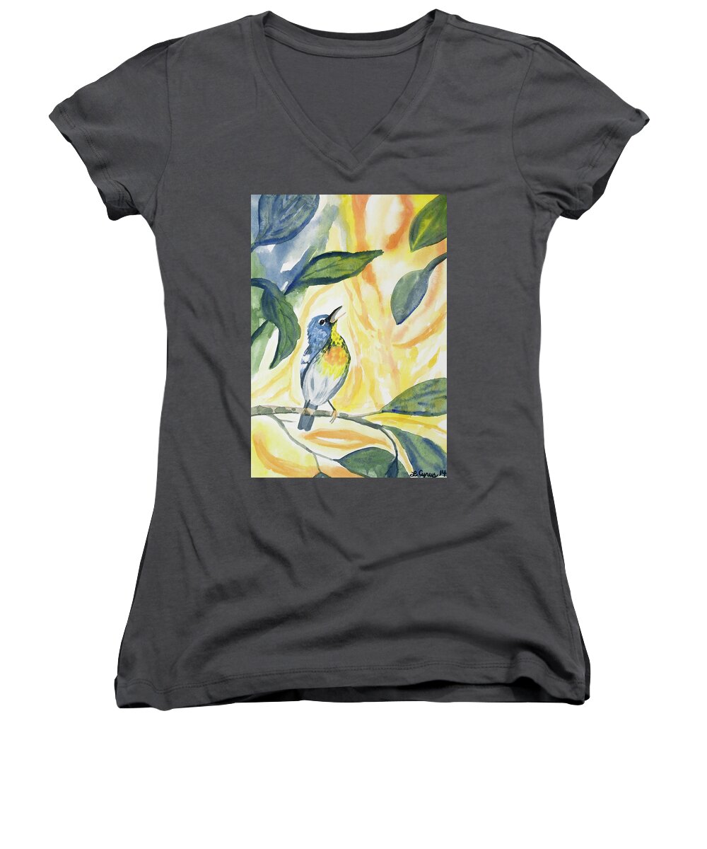 Northern Parula Women's V-Neck featuring the painting Watercolor - Northern Parula in Song by Cascade Colors
