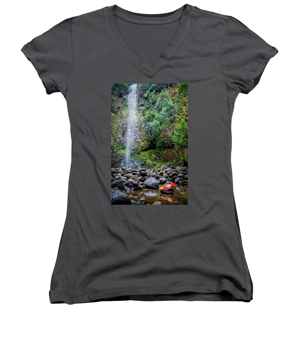 Flowers Women's V-Neck featuring the photograph Waterfall and Flowers by Daniel Murphy