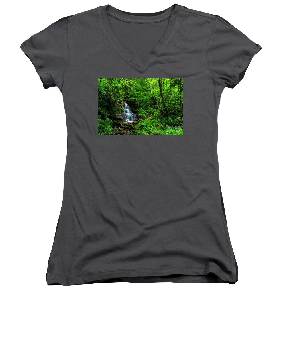 Waterfall Women's V-Neck featuring the photograph Waterfall and Rhododendron in Bloom by Thomas R Fletcher