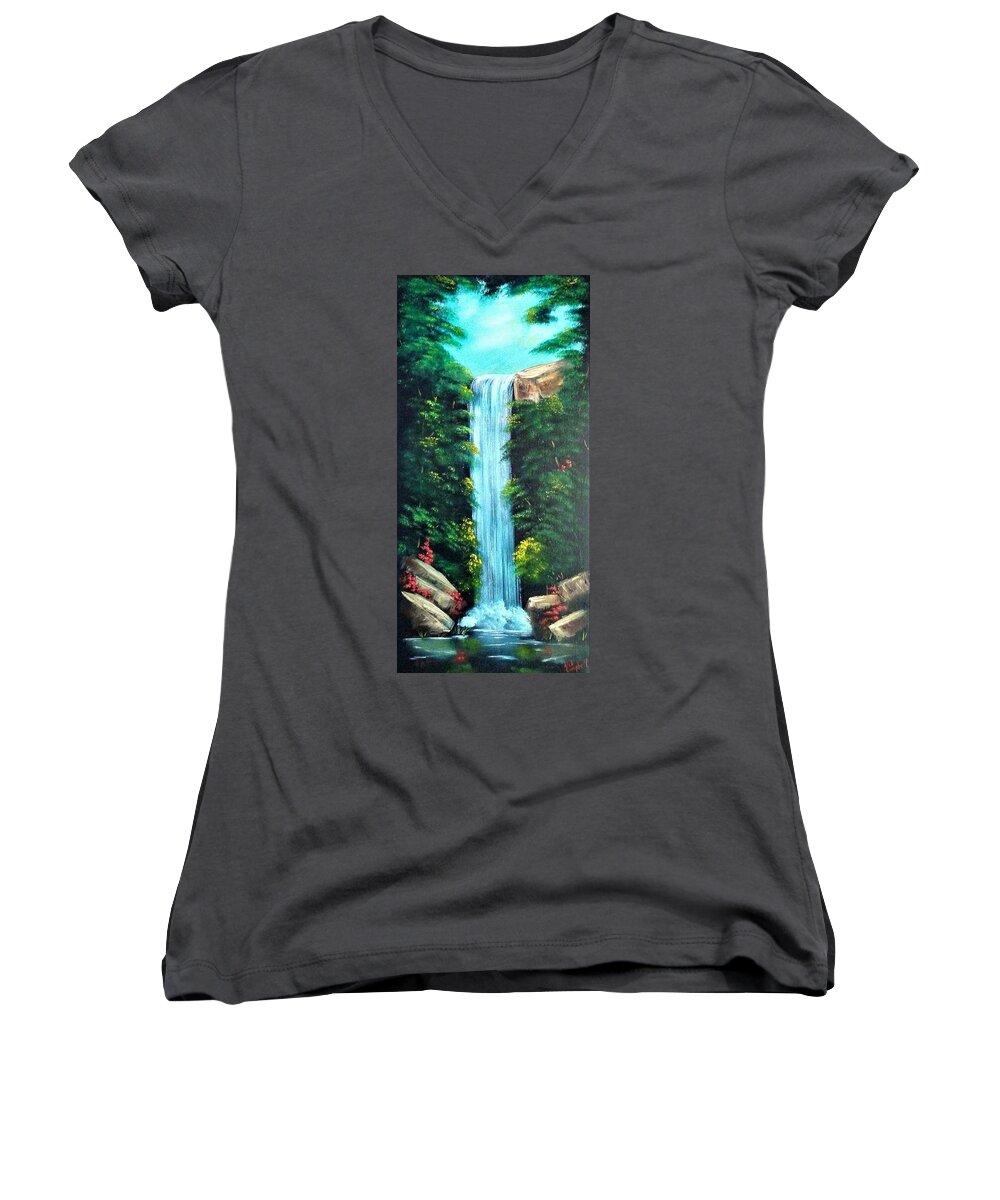 Waterfall Women's V-Neck featuring the painting Waterfall Sanctuary by Debra Campbell