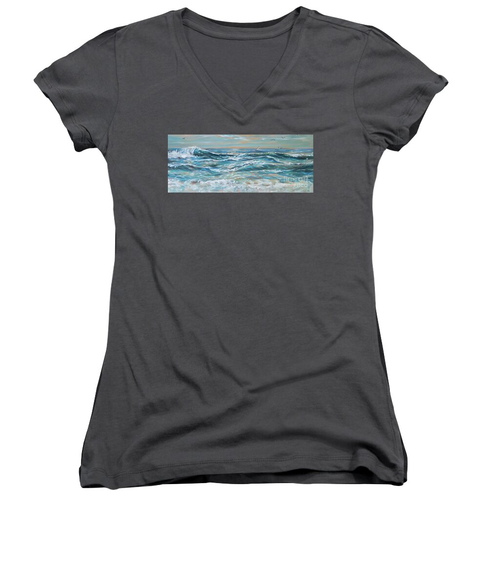 Water Women's V-Neck featuring the painting Waves and Wind by Linda Olsen