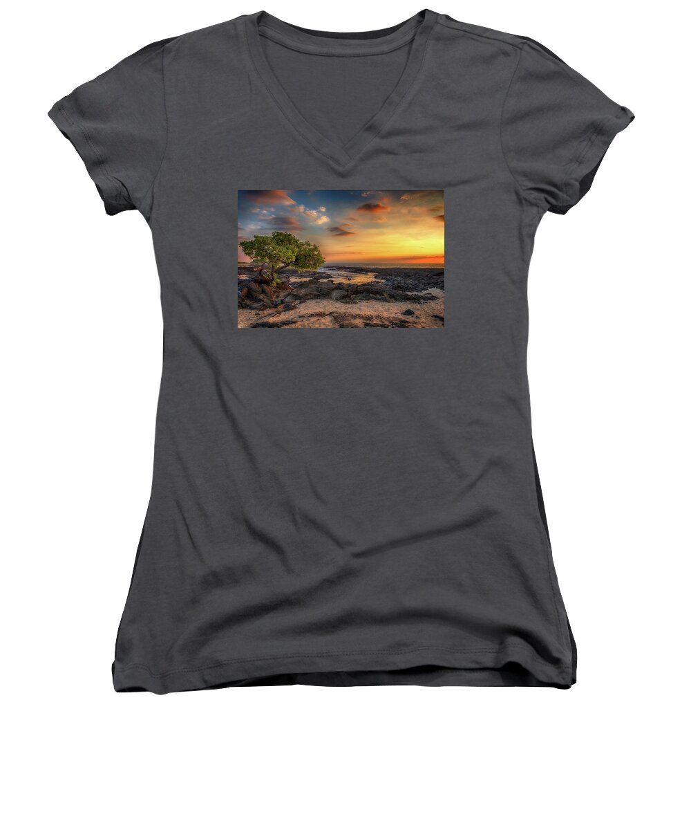 Sunset Women's V-Neck featuring the photograph Wawaloli Beach Sunset by Susan Rissi Tregoning