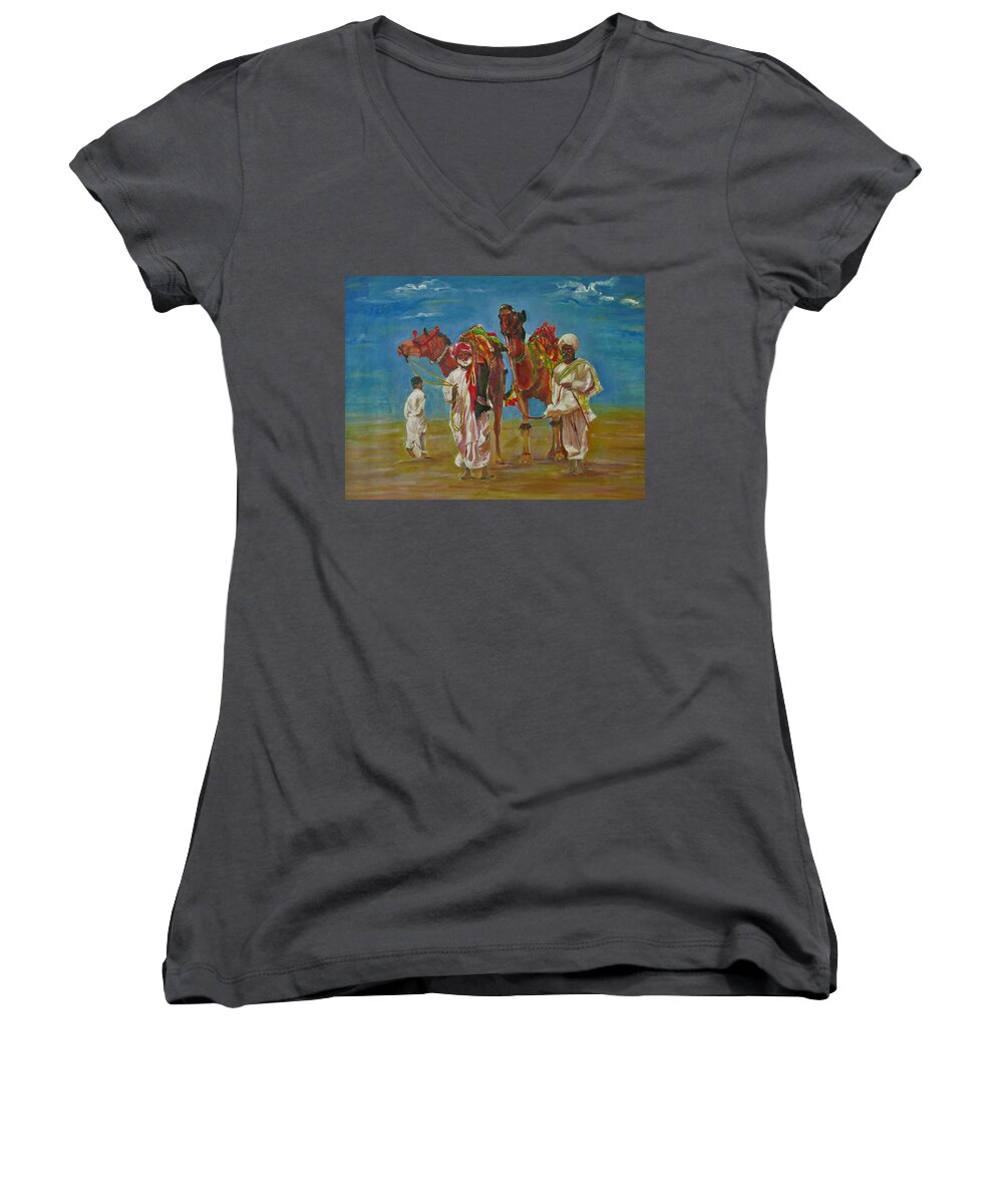 Desert Women's V-Neck featuring the painting WAY of life by Khalid Saeed