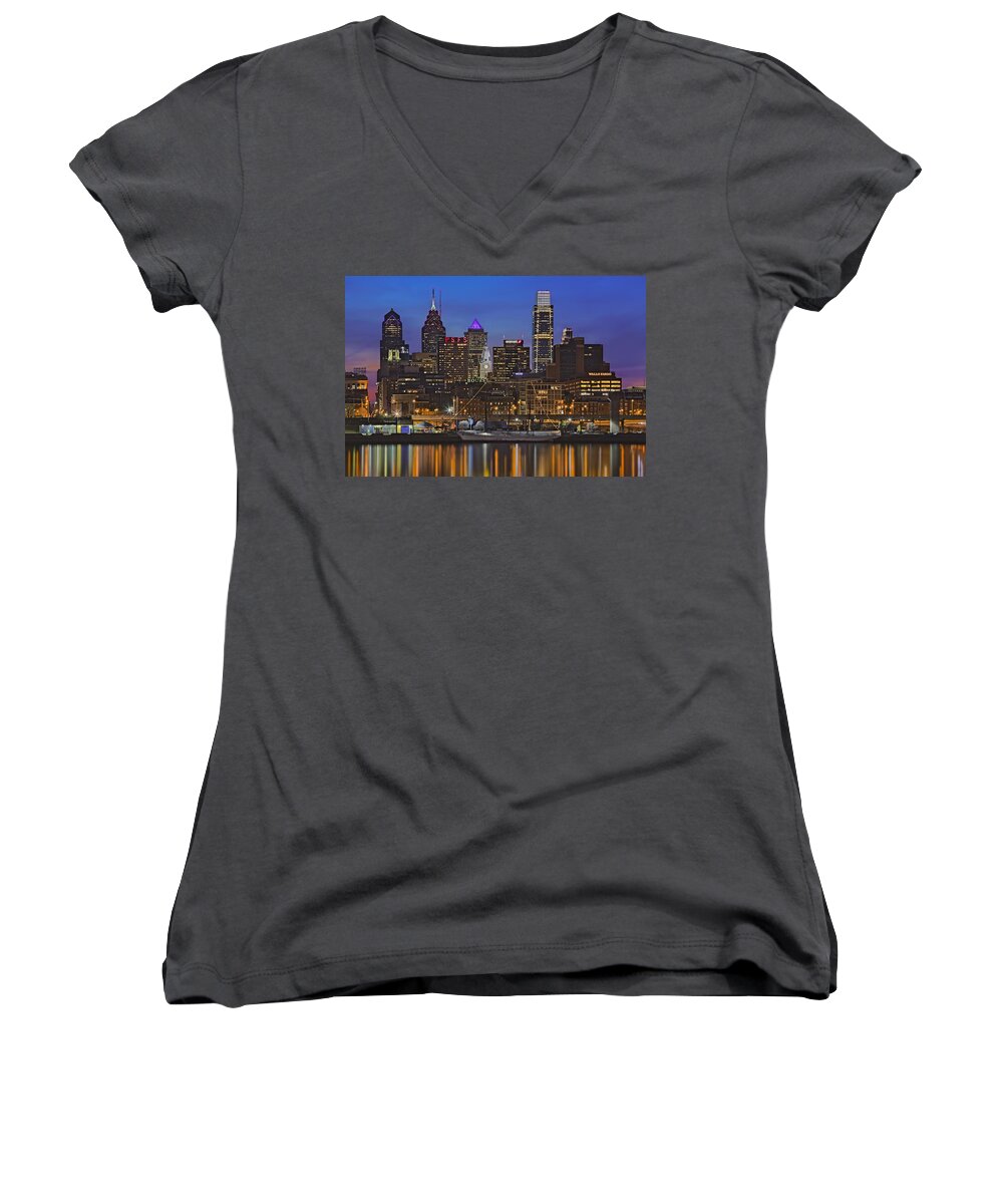 Philadelphia Skyline Women's V-Neck featuring the photograph Welcome To Penn's Landing by Susan Candelario