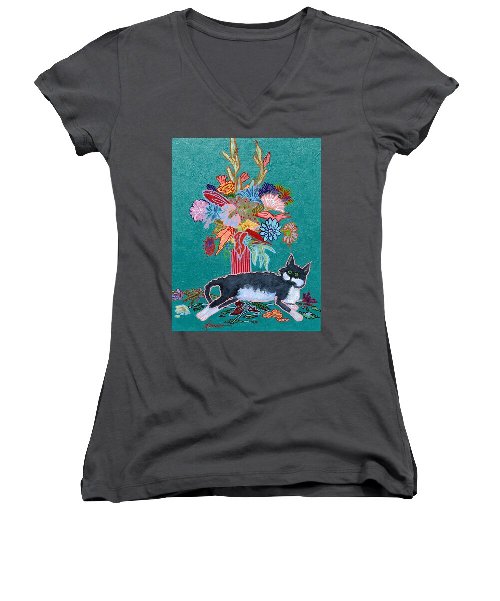 Cats Women's V-Neck featuring the painting What Flowers by Adele Bower