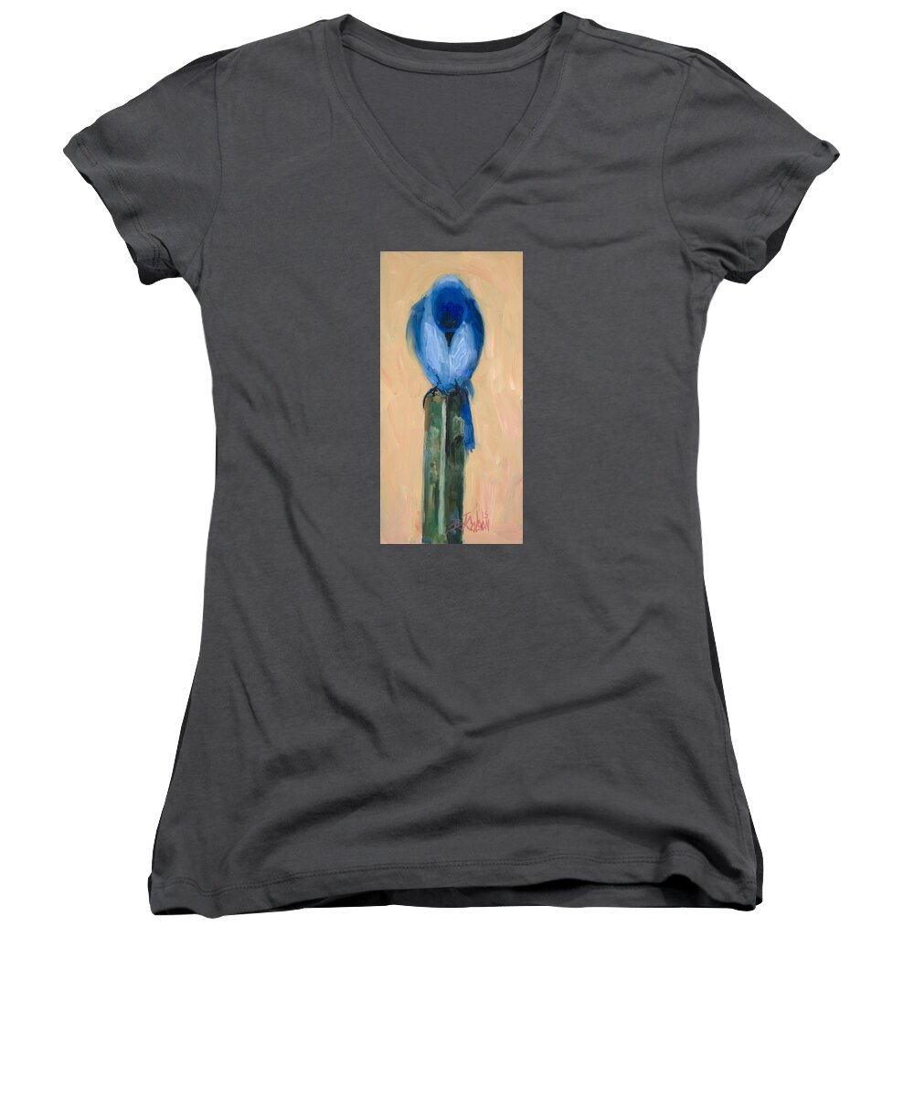 Mountain Bluebird Women's V-Neck featuring the painting What is THAT? by Billie Colson