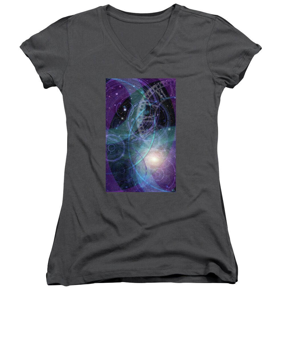 Cosmos Women's V-Neck featuring the digital art Wheels Within Wheels by Kenneth Armand Johnson