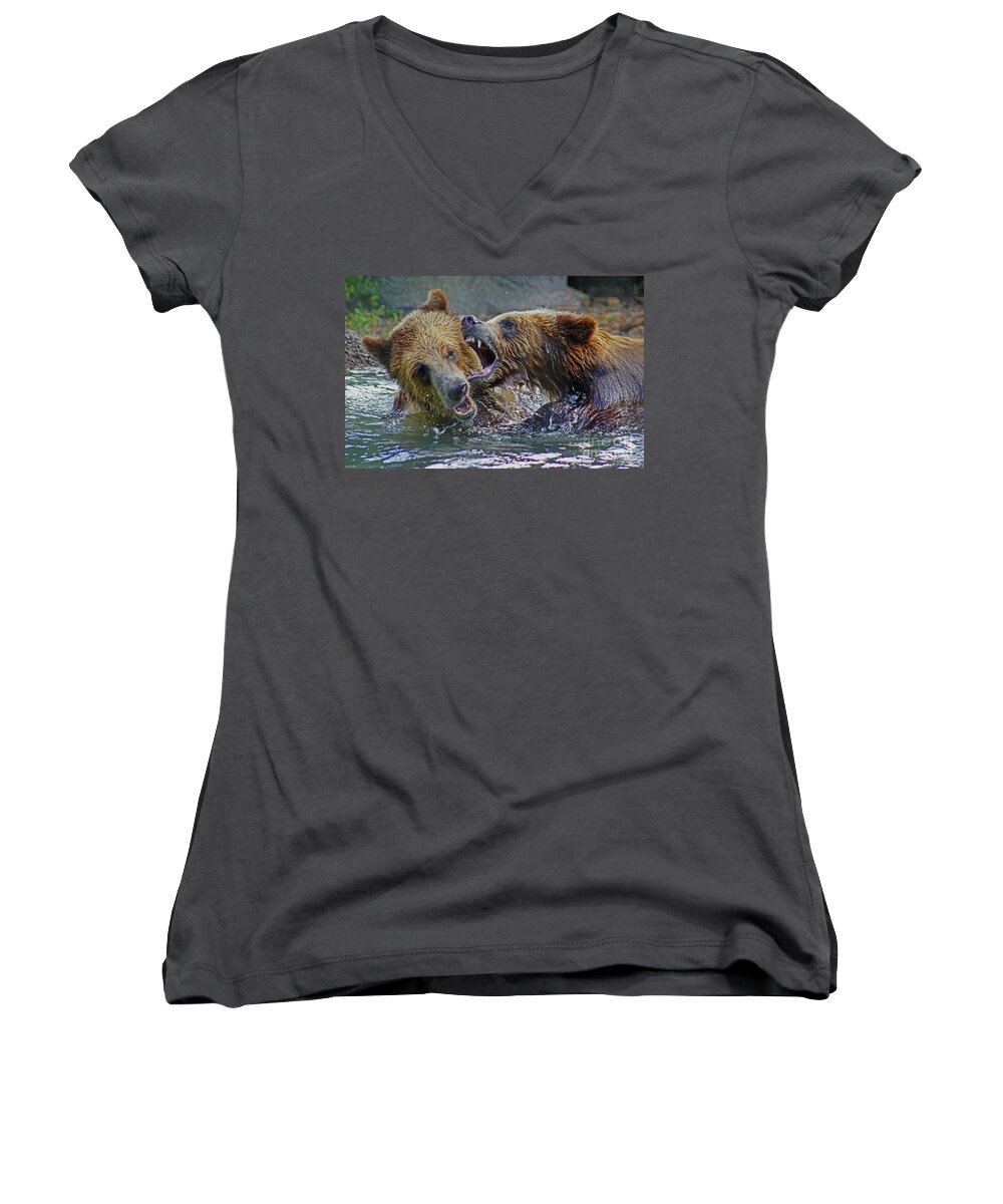 Bear Women's V-Neck featuring the photograph Grizzly Bears When They Play by Larry Nieland